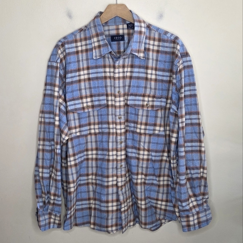 Izod Blue Tan Cream Orange Plaid Button Up Shirt 100% Cotton Size XL